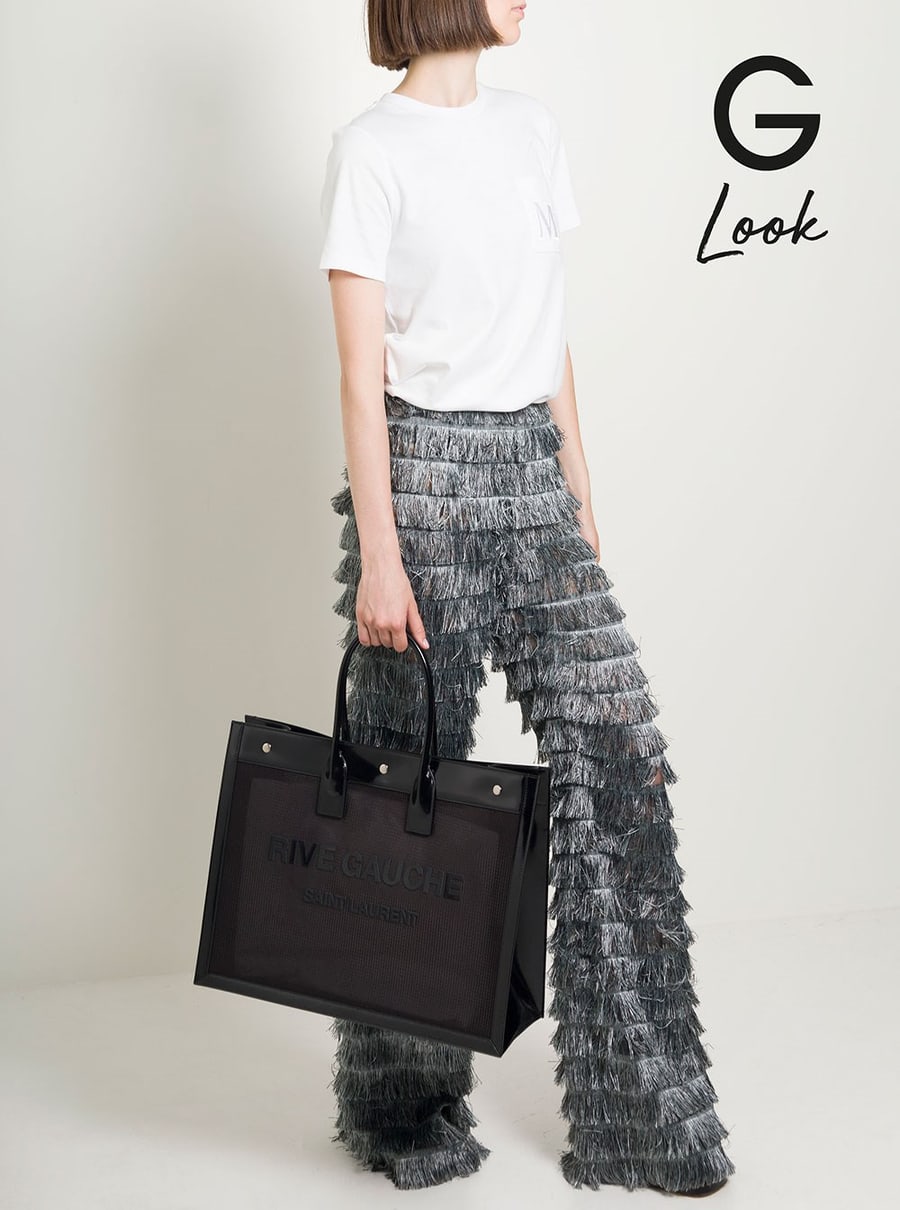 Saint Laurent Borsa Tote con Logo Rive Gauche Tono su Tono in Raphia Nera Donna, view 5