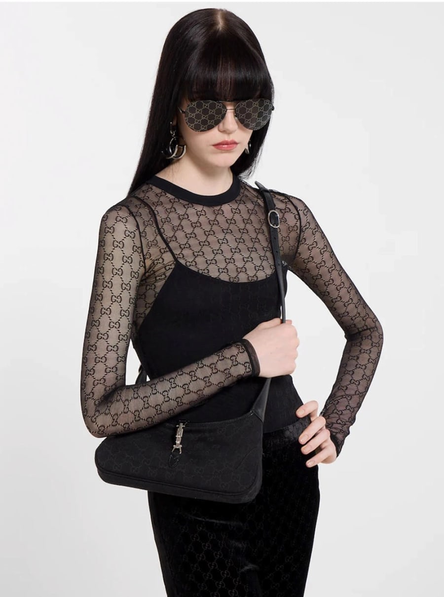 Gucci Borsa a Spalla 'Jackie' con Tracolla e Chiusura sul Fronte in Tessuto GG Nera Donna, view 7