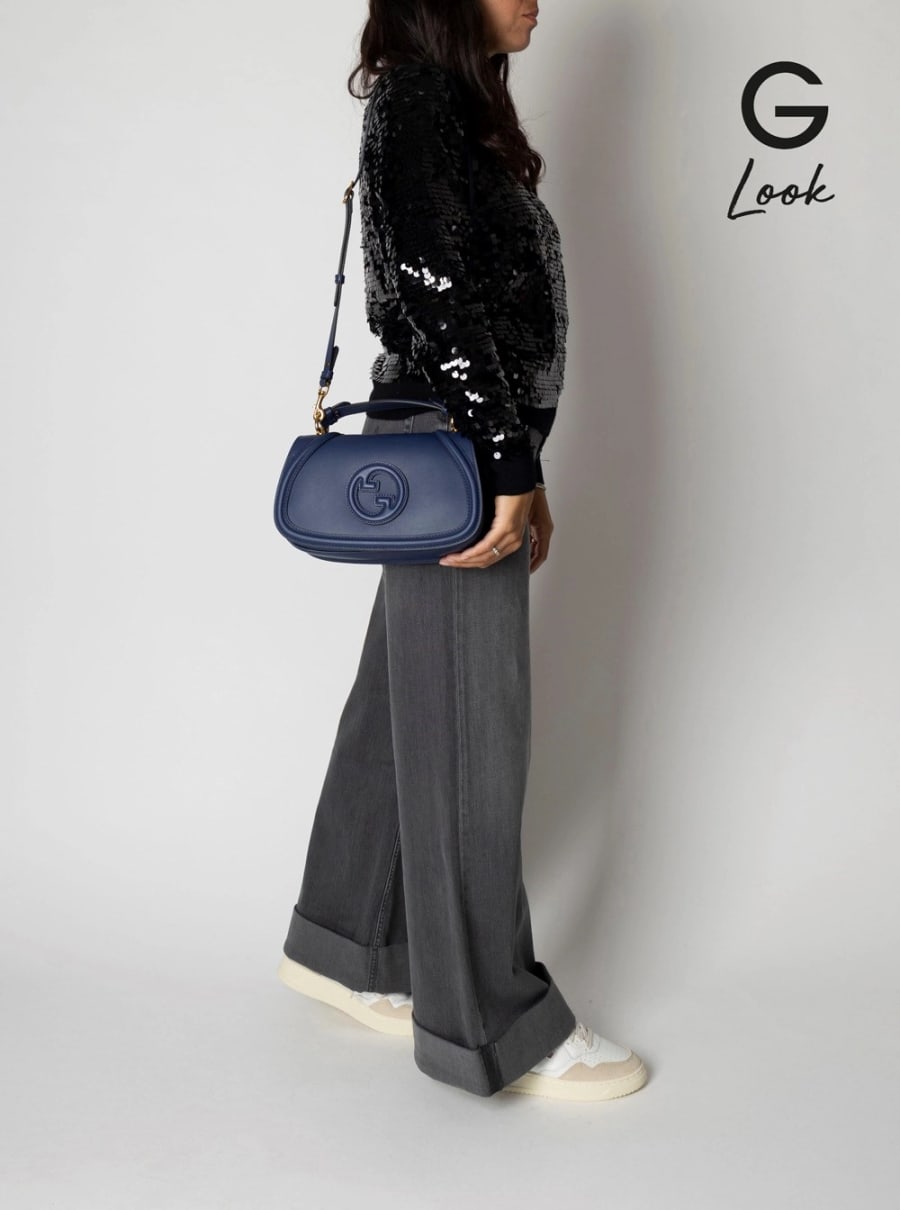 Gucci Borsa a Mano 'Blondie' con Placca Logo GG sul Fronte in Pelle Blu Donna, view 6
