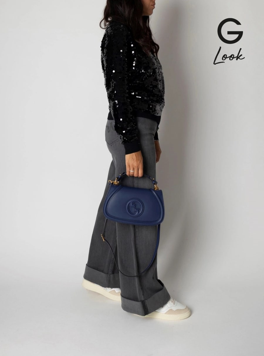 Gucci Borsa a Mano 'Blondie' con Placca Logo GG sul Fronte in Pelle Blu Donna, view 7