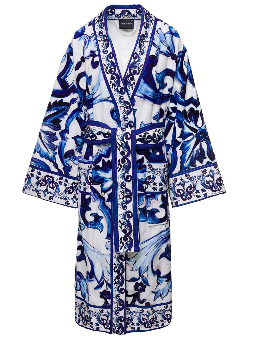 Dolce & gabbana casa Accappatoio a Kimono con Stampa Blu Mediterraneo All-Over in Spugna di Cotone Multicolor per uomo