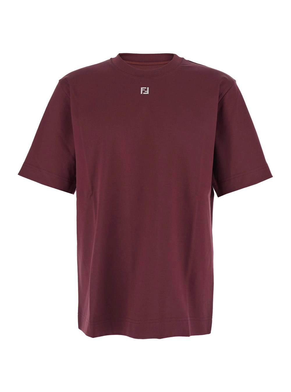 Fendi T-Shirt Girocollo con Placca FF sul Fronte in Cotone Bordeaux Uomo