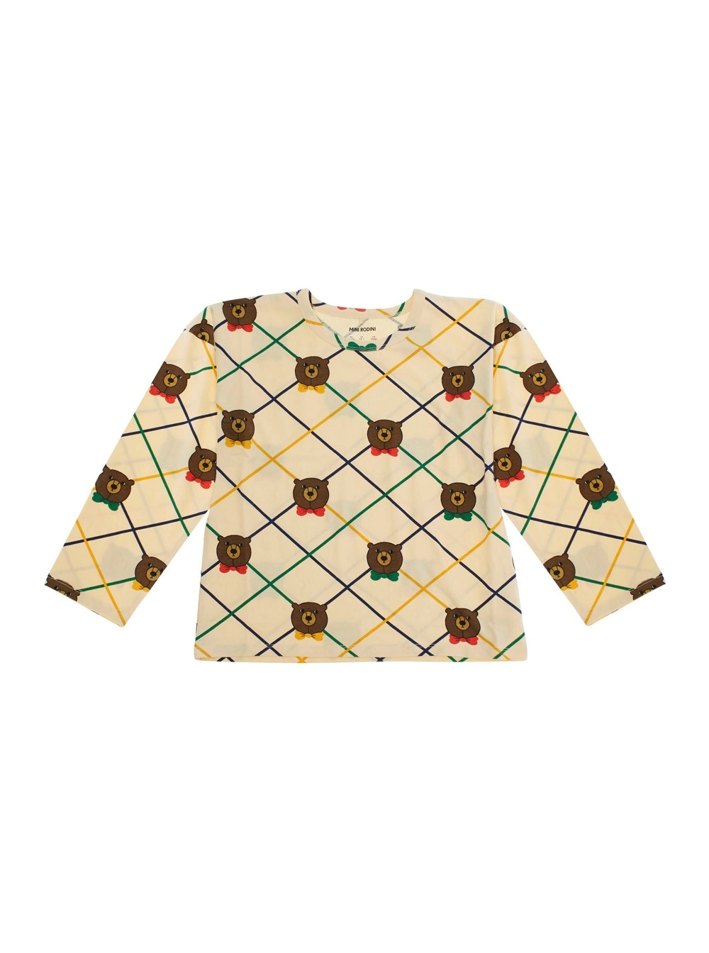 Mini rodini kids Maglia a Maniche Lunghe con Motivo Check All-Over e Stampa Orsetto in Misto Cotone Beige Bambina