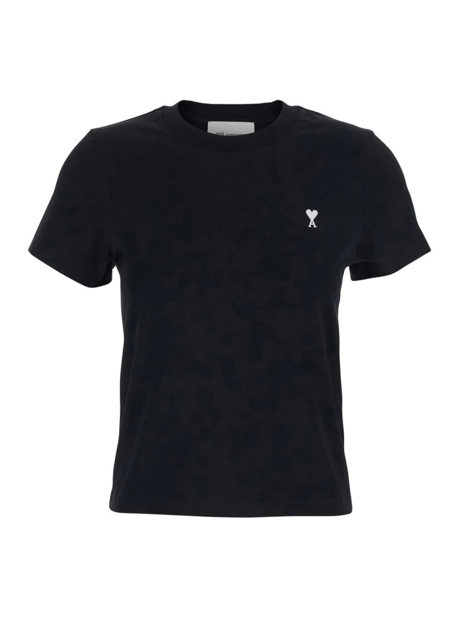AMI Paris T-Shirt con Ricamo ADC sul Fronte in Cotone Nera Donna