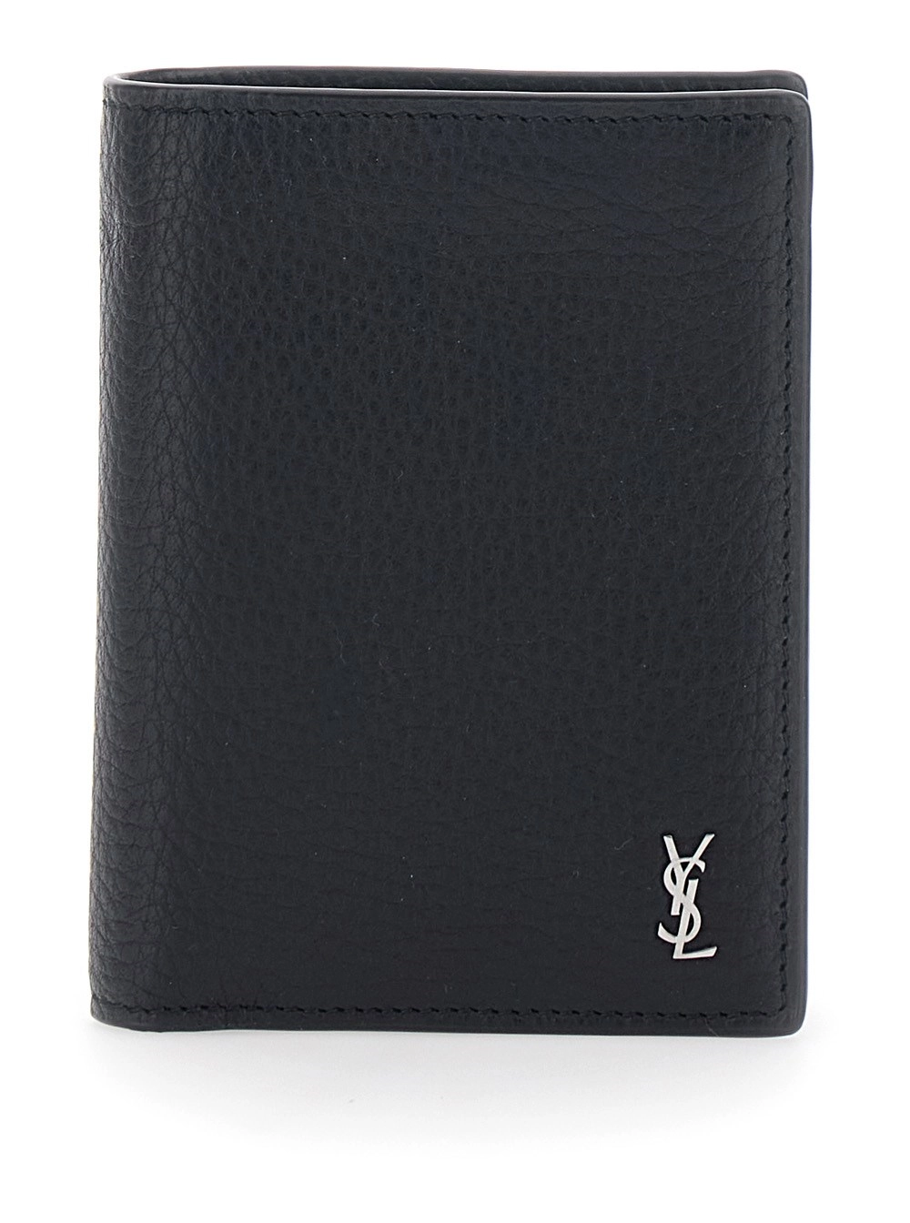 Saint Laurent Portacarte 'Cassandre' con Placca sul Fronte in Pelle Martellata Nero Uomo