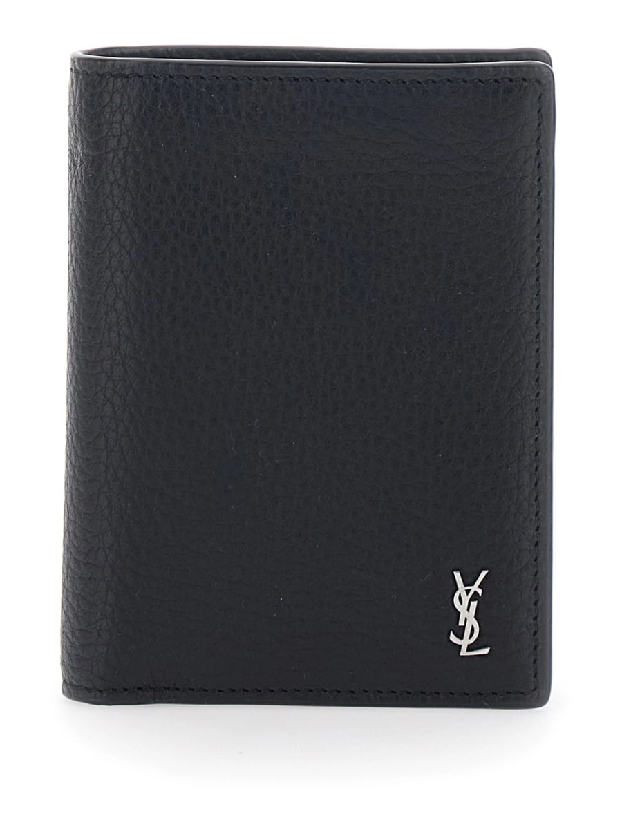 Saint Laurent Portacarte 'Cassandre' con Placca sul Fronte in Pelle Martellata Nero Uomo