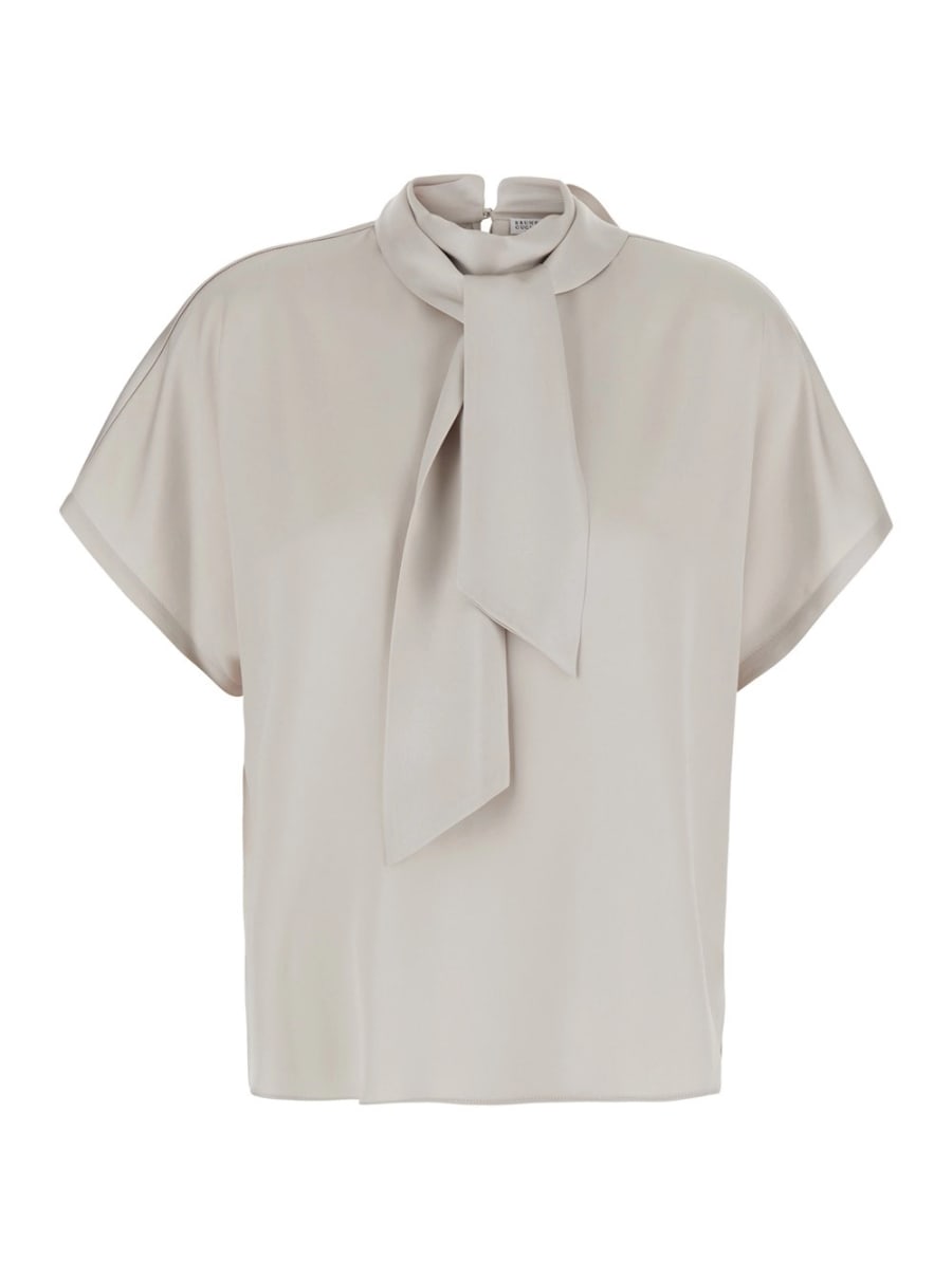 Brunello Cucinelli Blusa con collo con fiocco e decorazione con Monile in seta beige donna