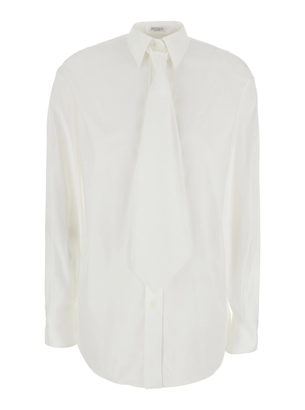 Brunello Cucinelli Camicia con collo classico e cravatta oversize sul fronte in cotone bianca donna