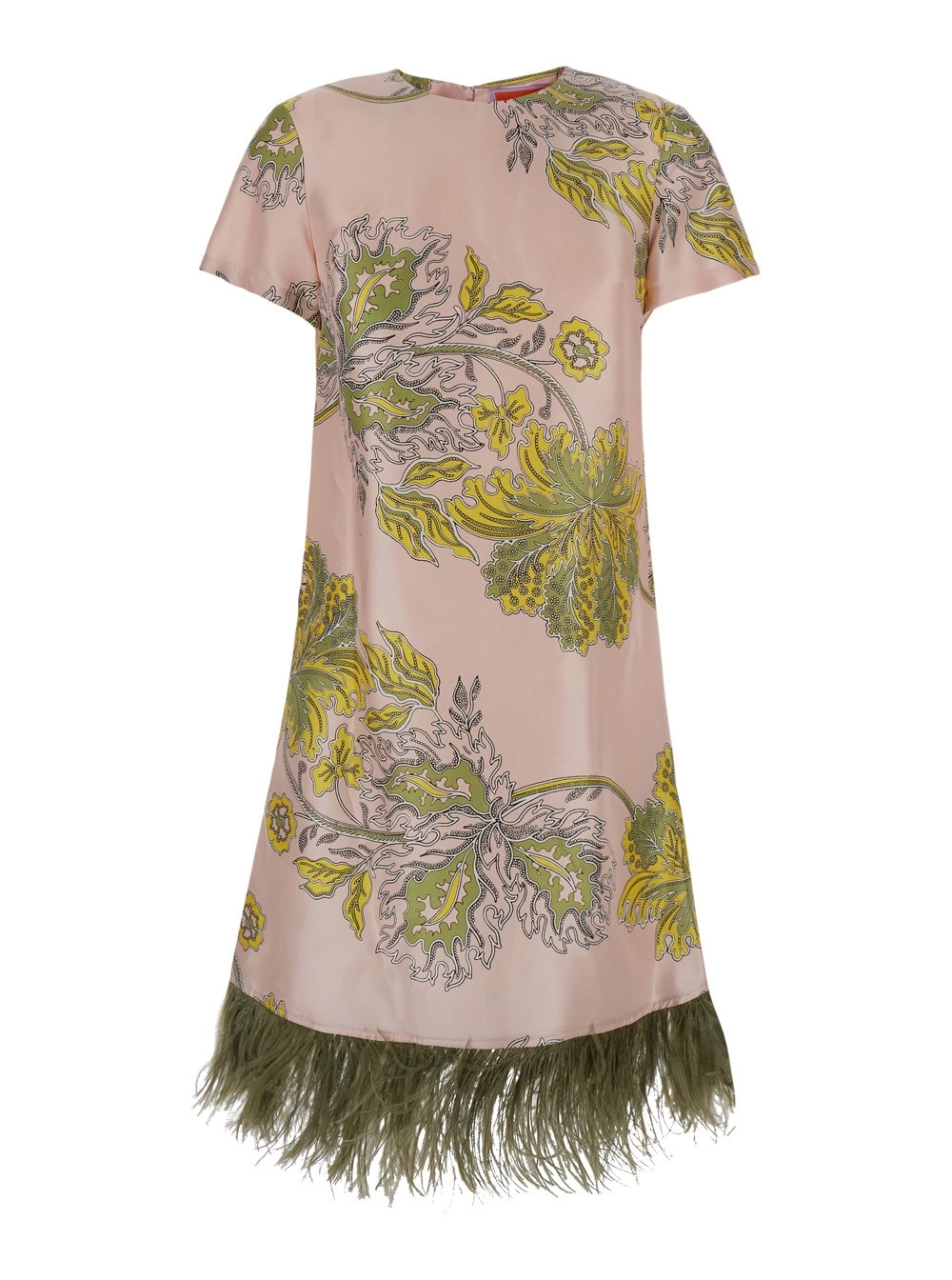 La doublej Abito Mini 'Swing' con Stampa Floreale All-Over e Orlo con Piume in Seta Rosa Donna