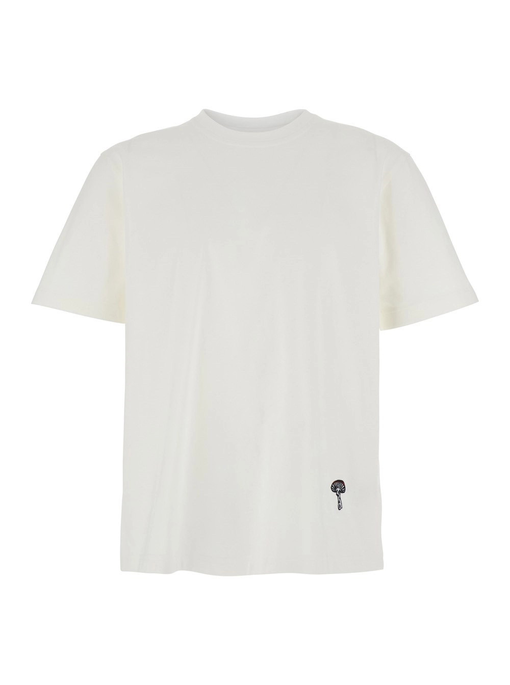 Bottega Veneta T-Shirt Girocollo con Ricamo Fungo sul Fronte in Cotone Bianca Uomo