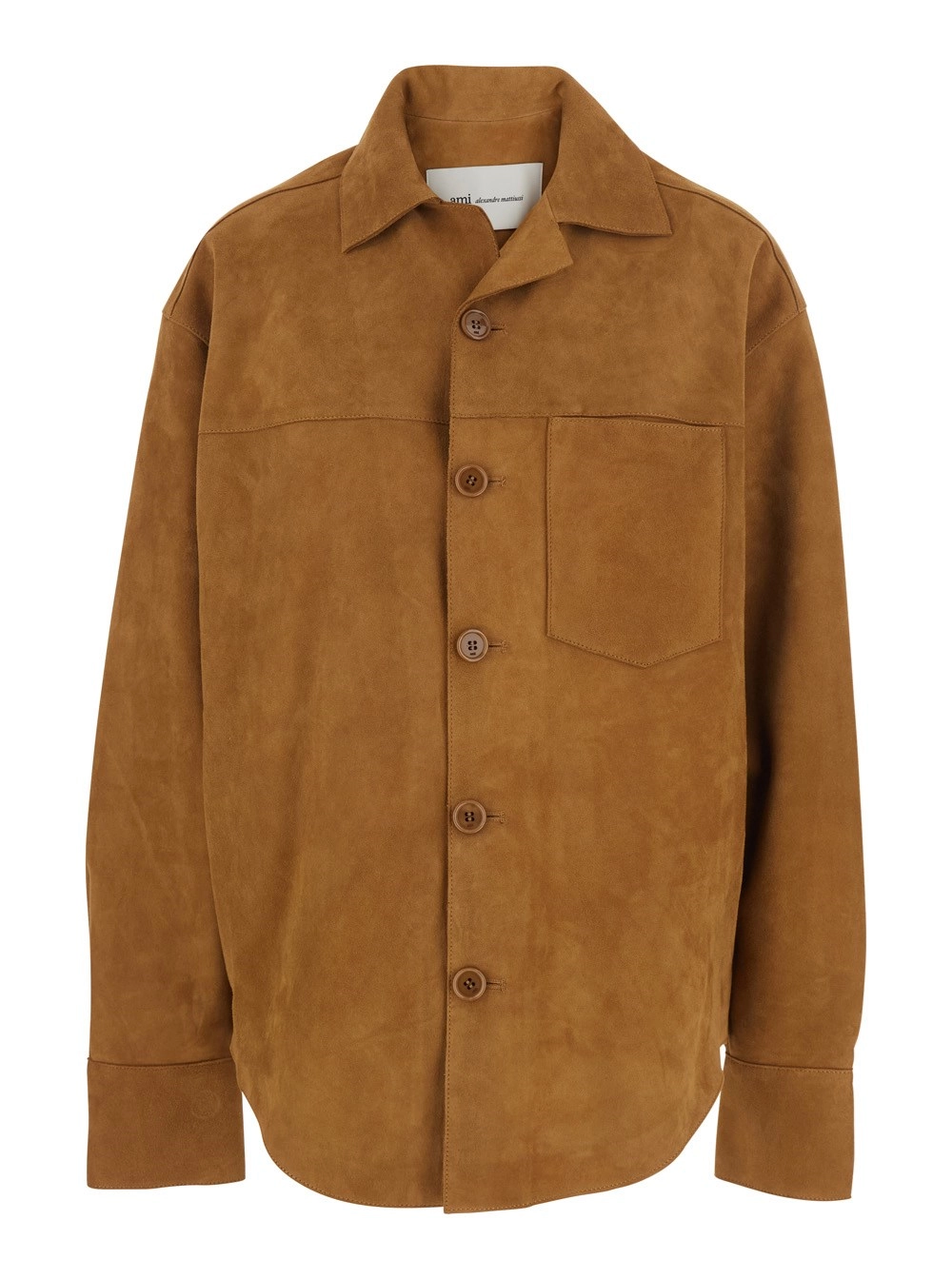 AMI Paris Giubbotto con Colletto Ampio e Orlo Curvo in Pelle Scamosciata Marrone Donna