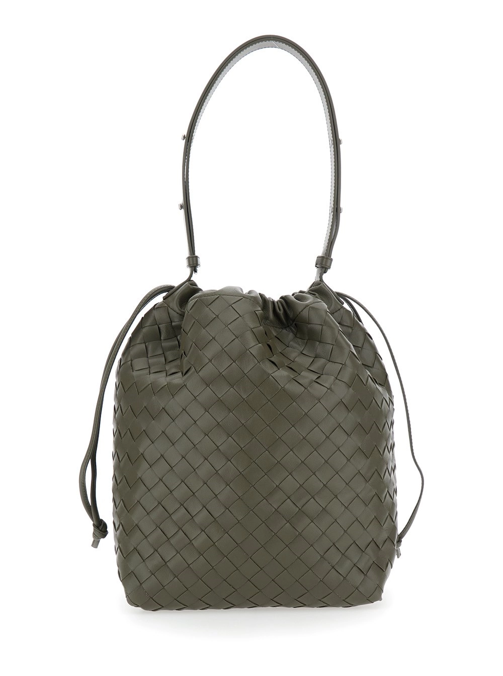 Bottega Veneta Borsa a Spalla con Chiusura a Coulisse e Motivo Intrecciato in Pelle Verde Uomo