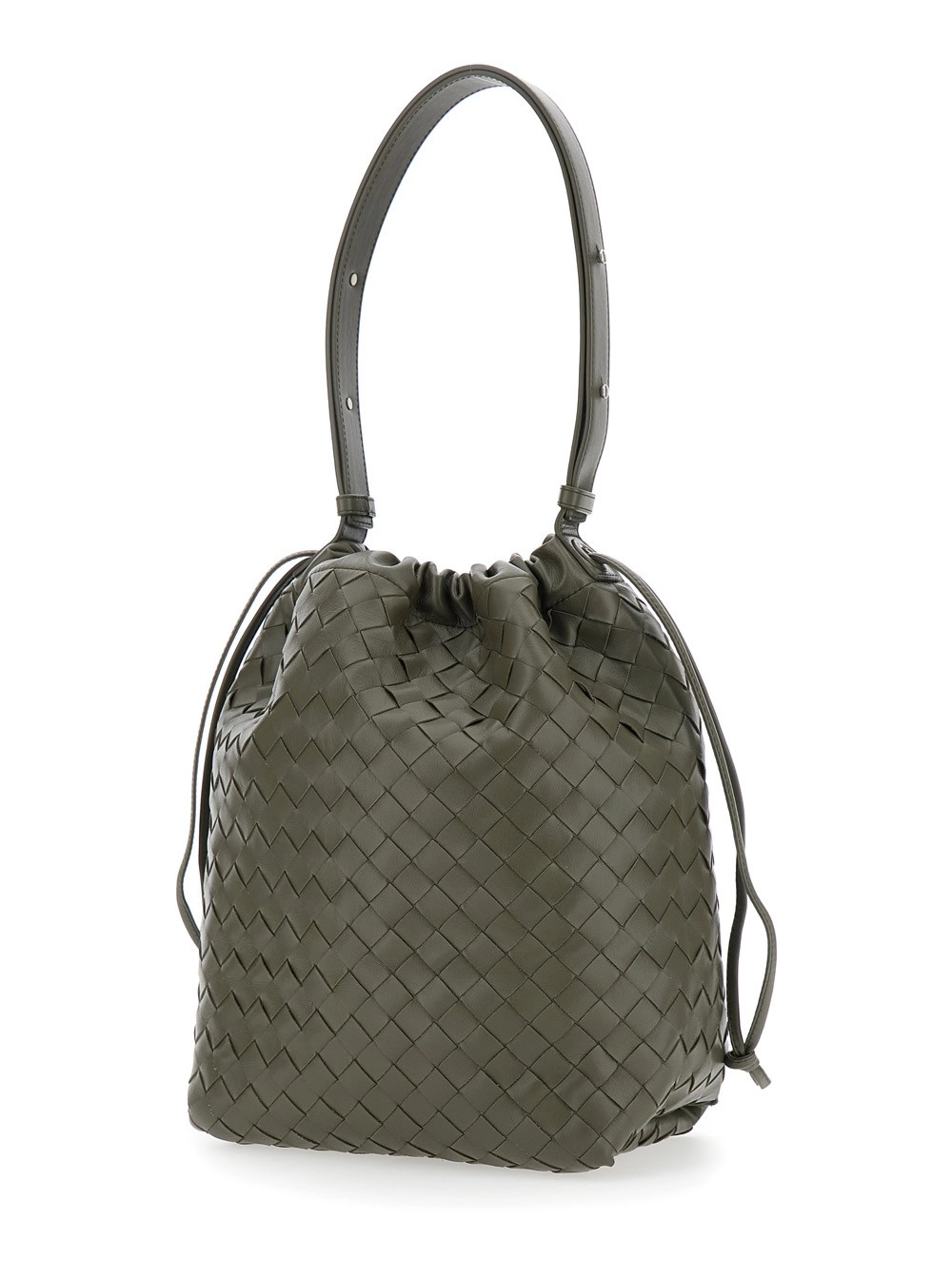Bottega Veneta Borsa a Spalla con Chiusura a Coulisse e Motivo Intrecciato in Pelle Verde Uomo, view 2
