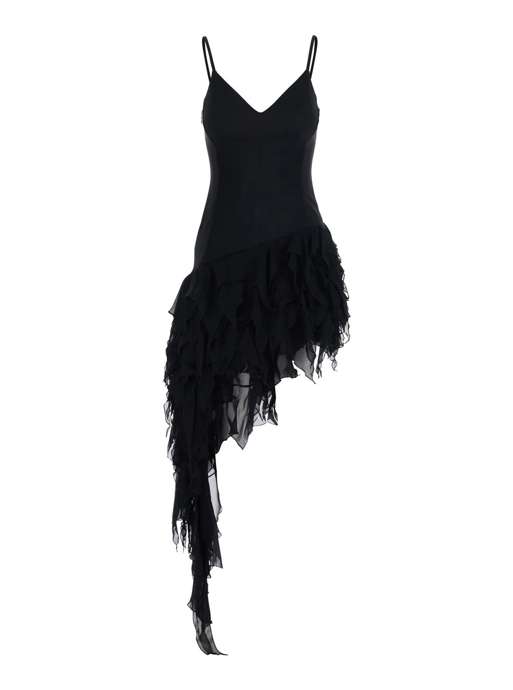Blumarine Abito con Scollo a V e Design asimmetrico con frastagliature in tessuto tecnico Nero Donna