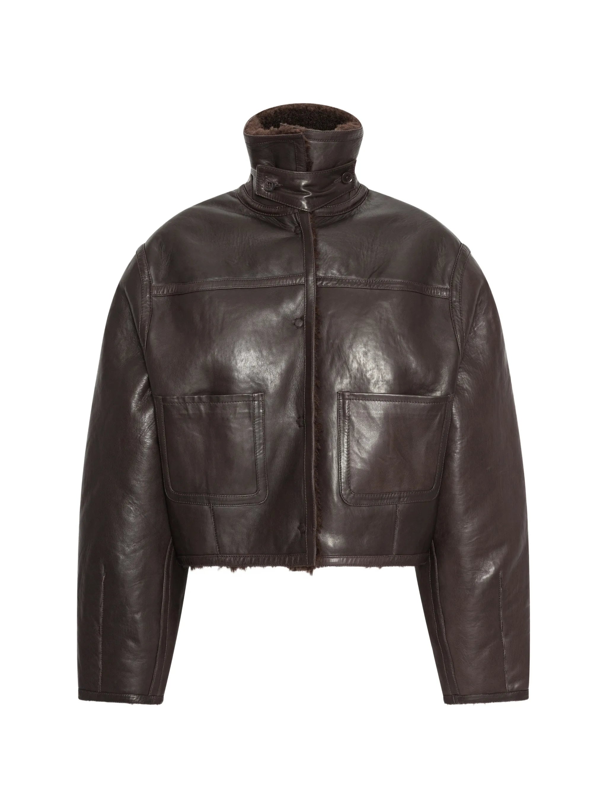 Rotate Rotate Bonded Fur Leather Jacket Dark Brown