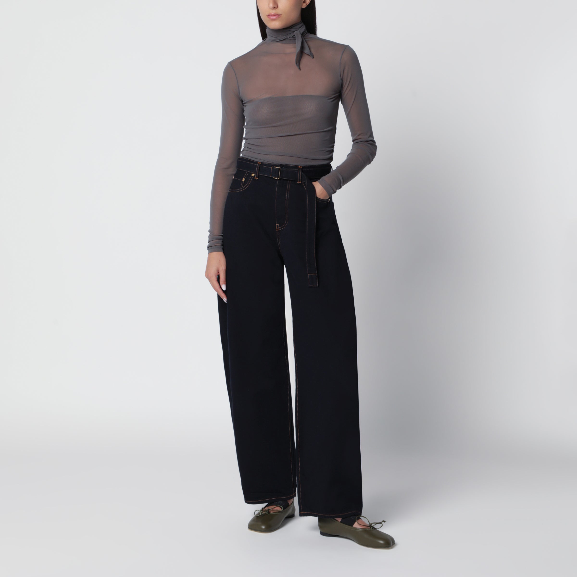 Lemaire Top Ballerina con foulard in jersey grigio, view 2