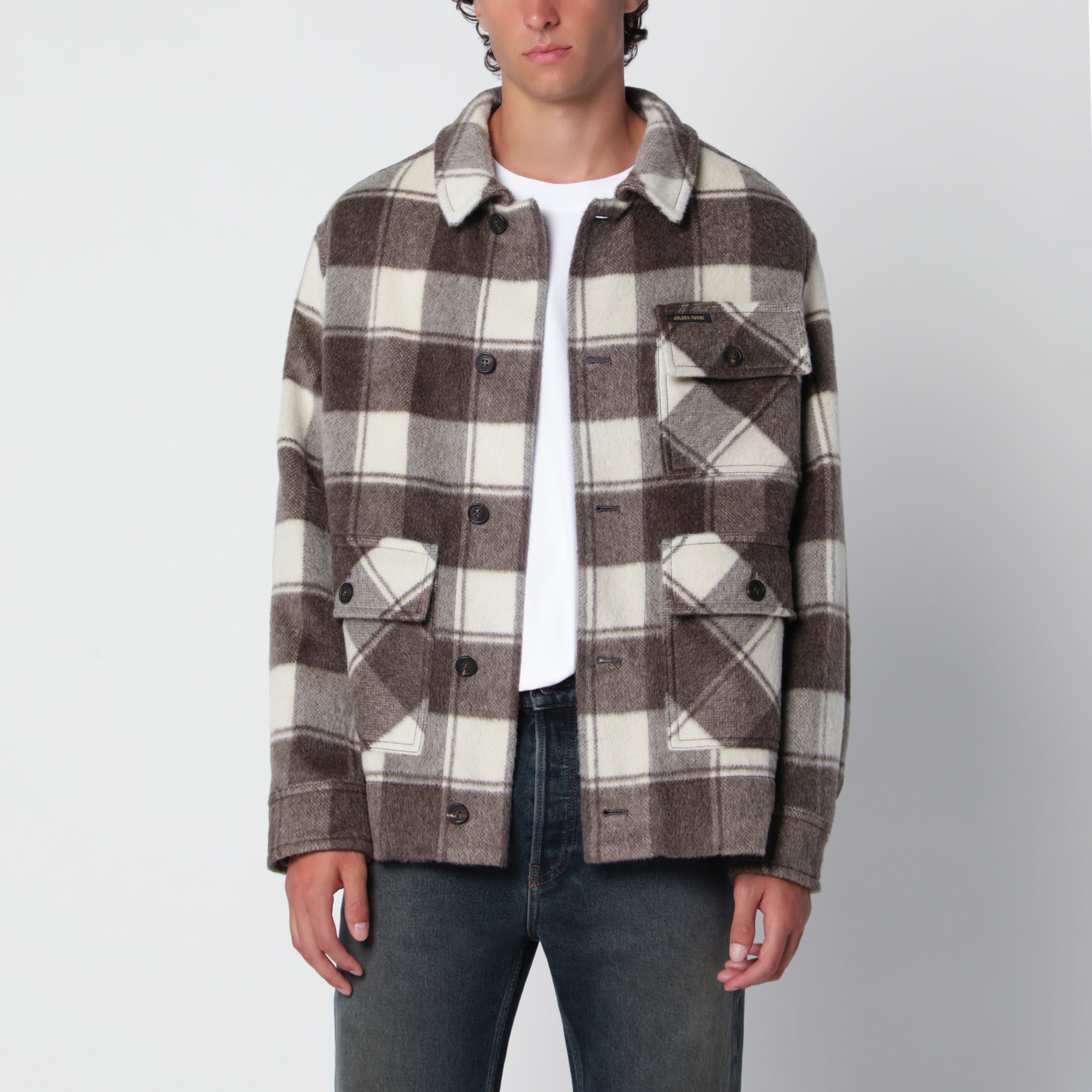 Golden Goose Giacca camicia con motivo a quadri taupe/panna in misto mohair