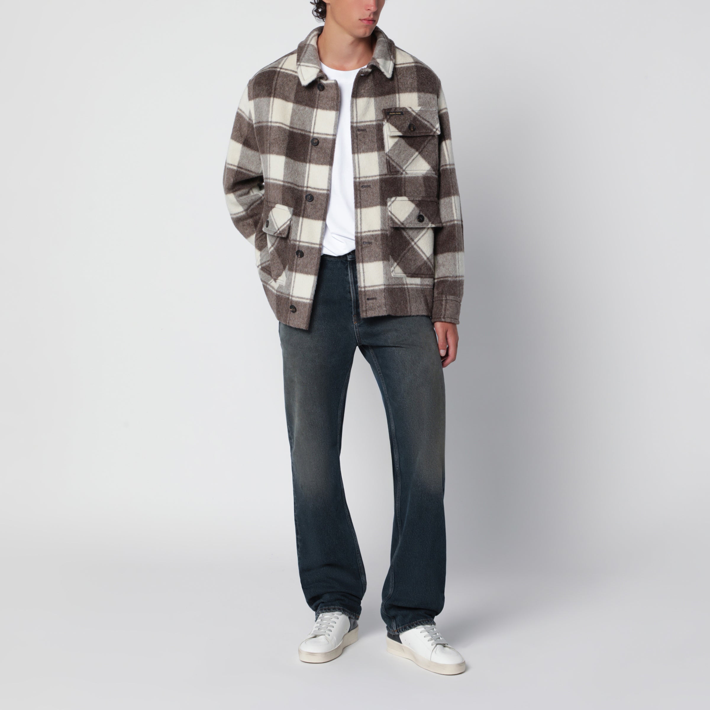 Golden Goose Giacca camicia con motivo a quadri taupe/panna in misto mohair, view 2