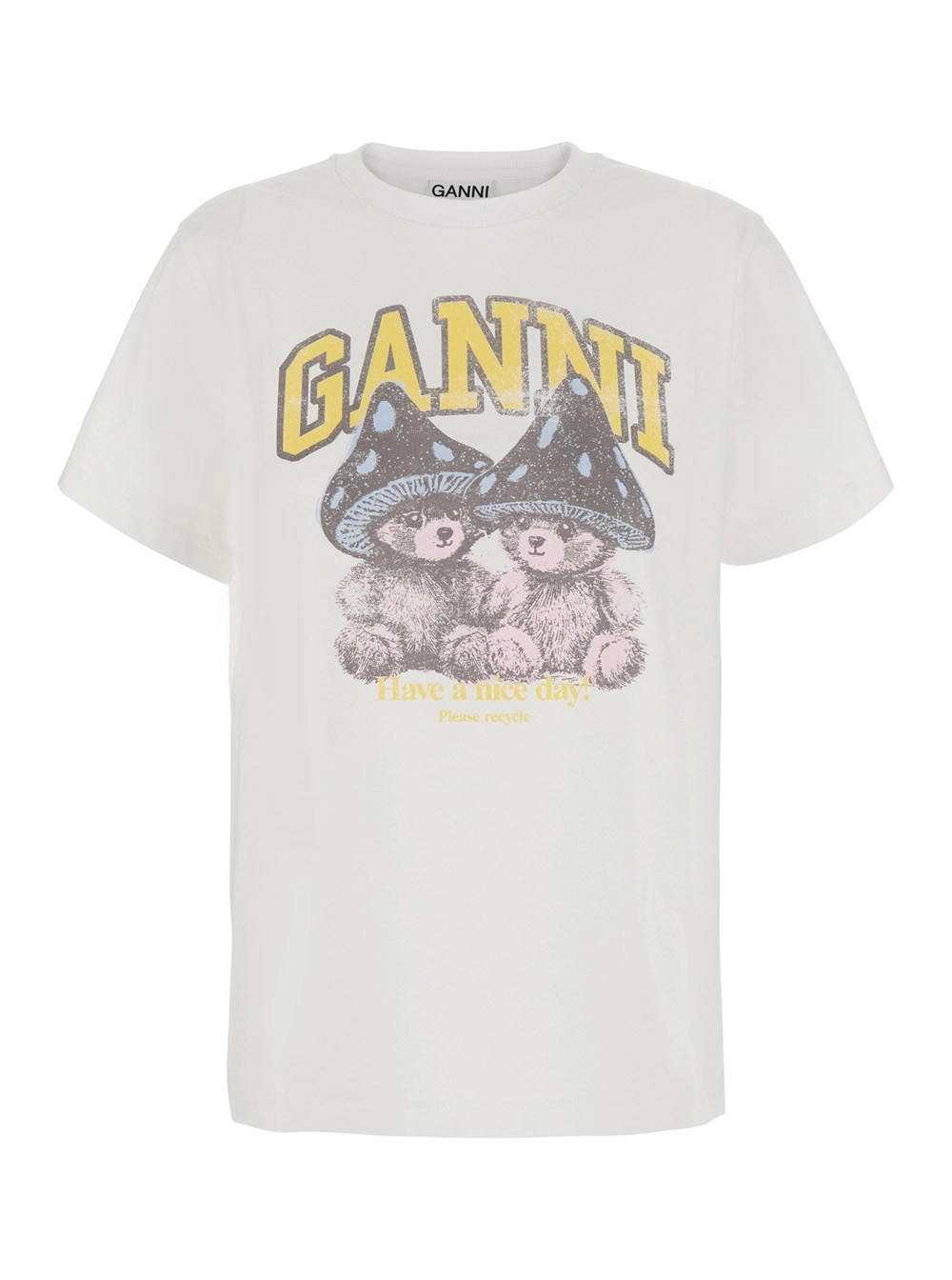 Ganni T-shirt Bianco con Dettagli in Cotone