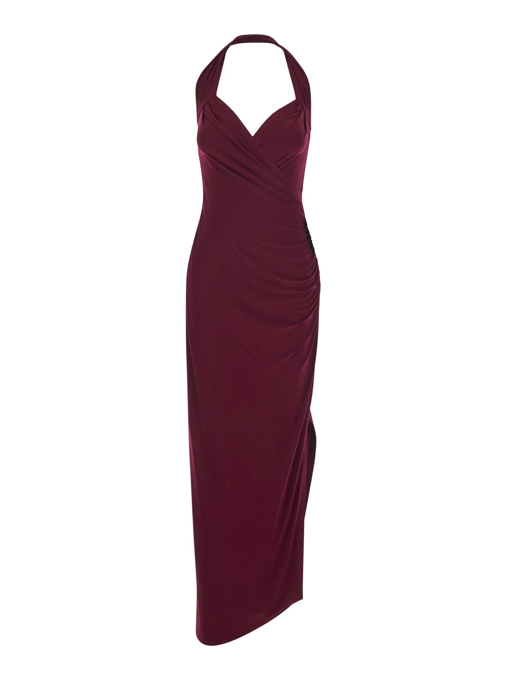 Norma kamali Abito Lungo Smanicato con Scollo all'Americana e Design Asimmetrico in Tessuto Tecnico Stretch Bordeaux Donna