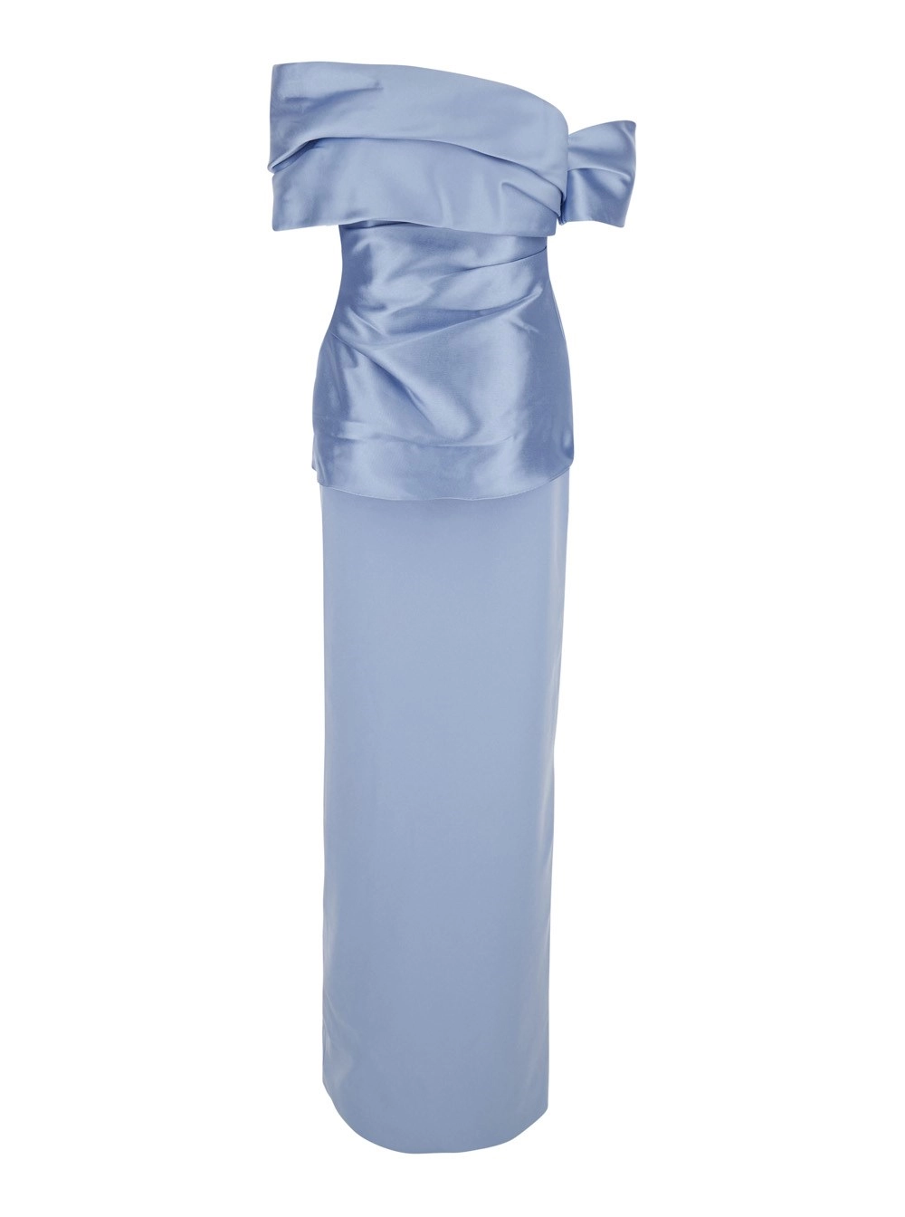 Solace london Abito lungo 'Lucine' con Spalle Scoperte e Chiusura Nascosta in Tessuto Tecnico Azzurro Donna