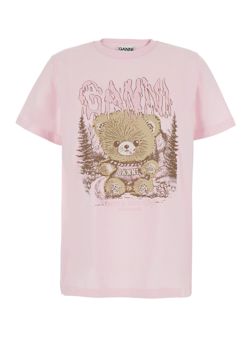 Ganni T-Shirt Rosa con Scollo Rotondo e Maniche Corte in Cotone Donna