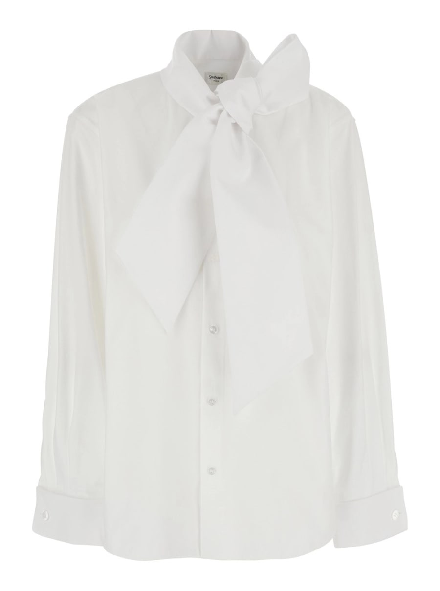 Saint Laurent Camicia con collo lavallière in popeline di cotone bianca donna