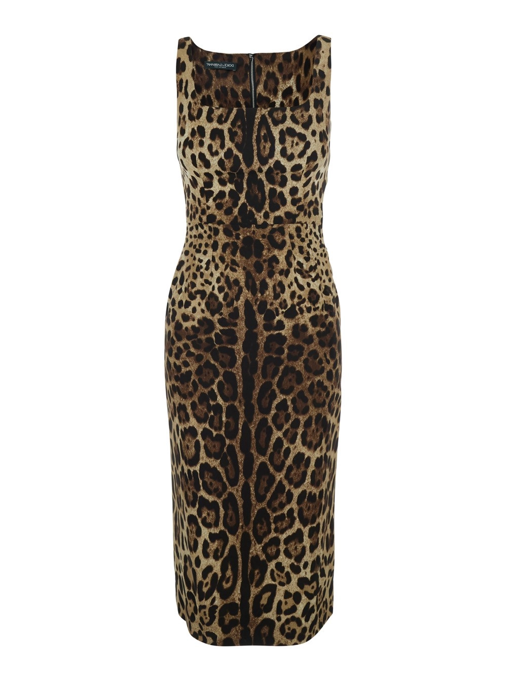 Dolce & Gabbana Abito Midi Smanicato con Stampa Animalier All-Over in Seta Stretch Marrone Donna