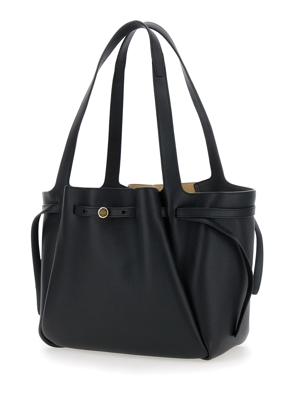 Tory Burch Borsa Shopping 'Romy' con chiusura regolabile con coulisse e dettaglio con logo in pelle martellata nera donna, view 2