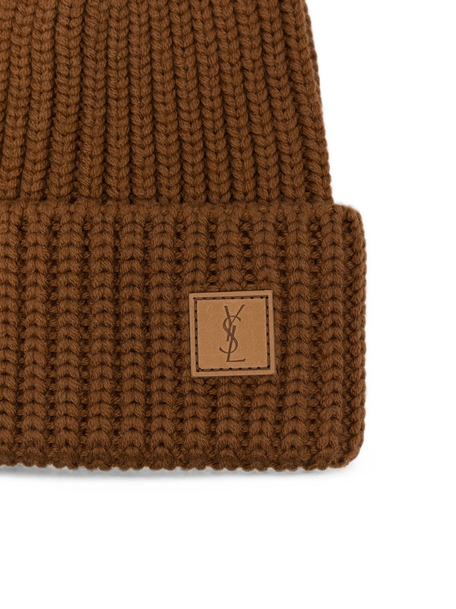 Saint Laurent Saint Laurent Logo-patch Ribbed-knit Beanie Hat, view 3