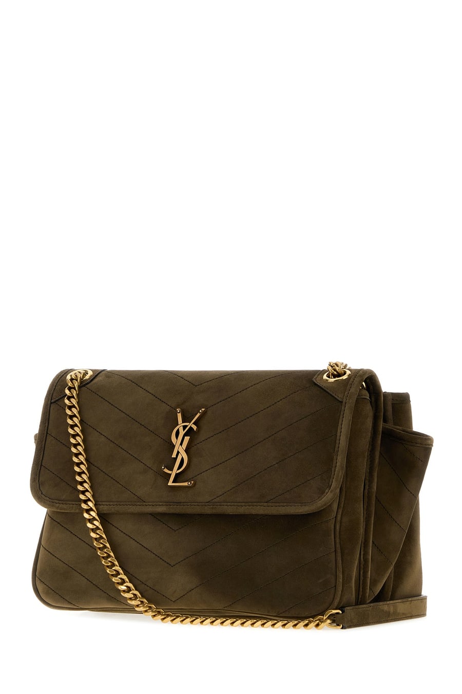 Saint Laurent Borsa a spalla Niki Tripouch in pelle scamosciava verde militare, view 2