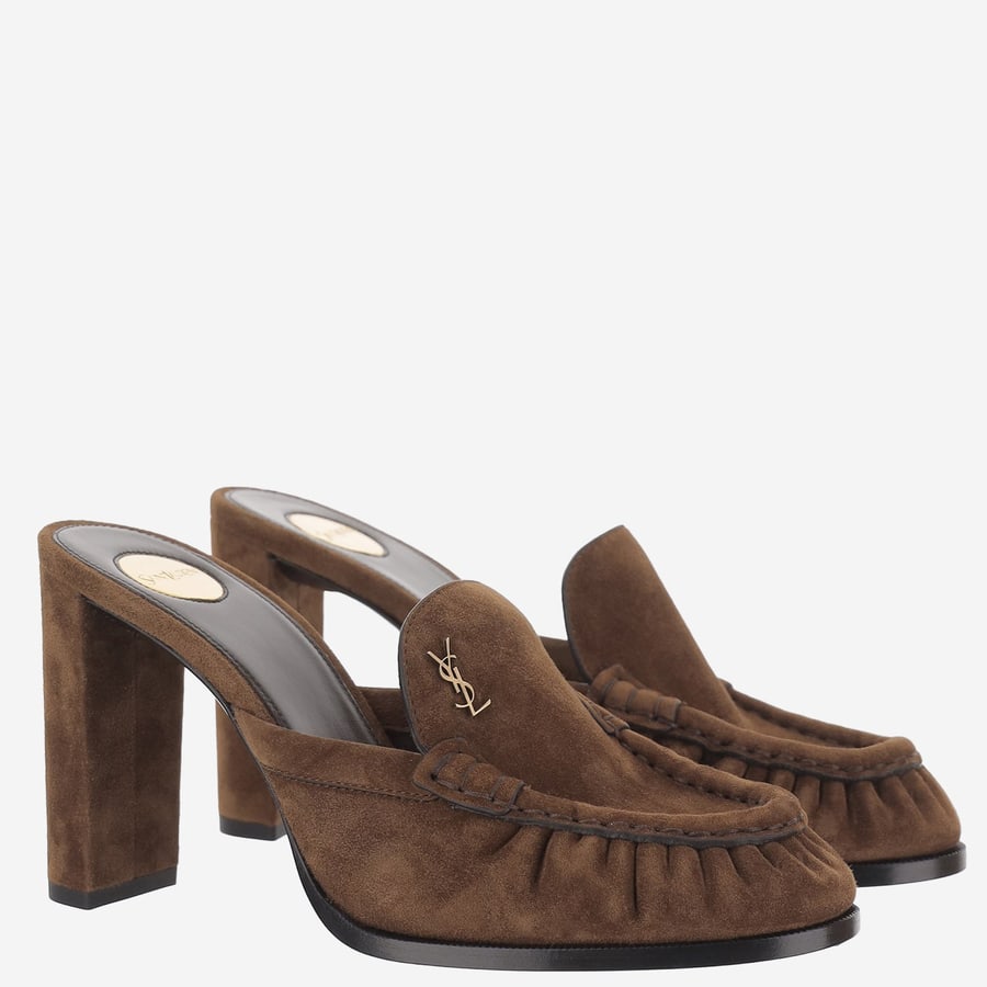 Saint Laurent Décolleté mocassino in suede con logo, view 2