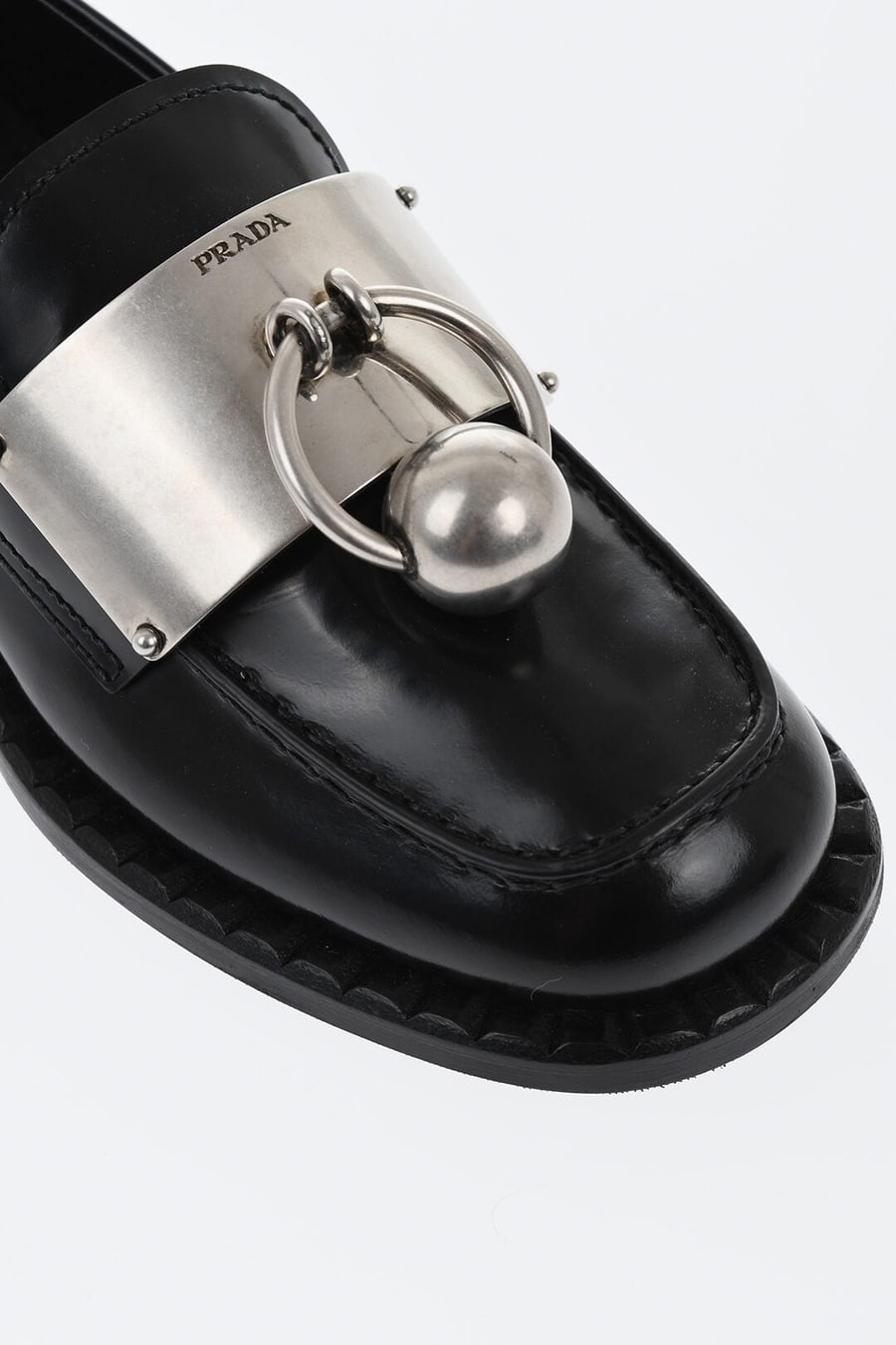 Prada 1500~Brushed Leather Loafers With Front Piercing Detail, view 4