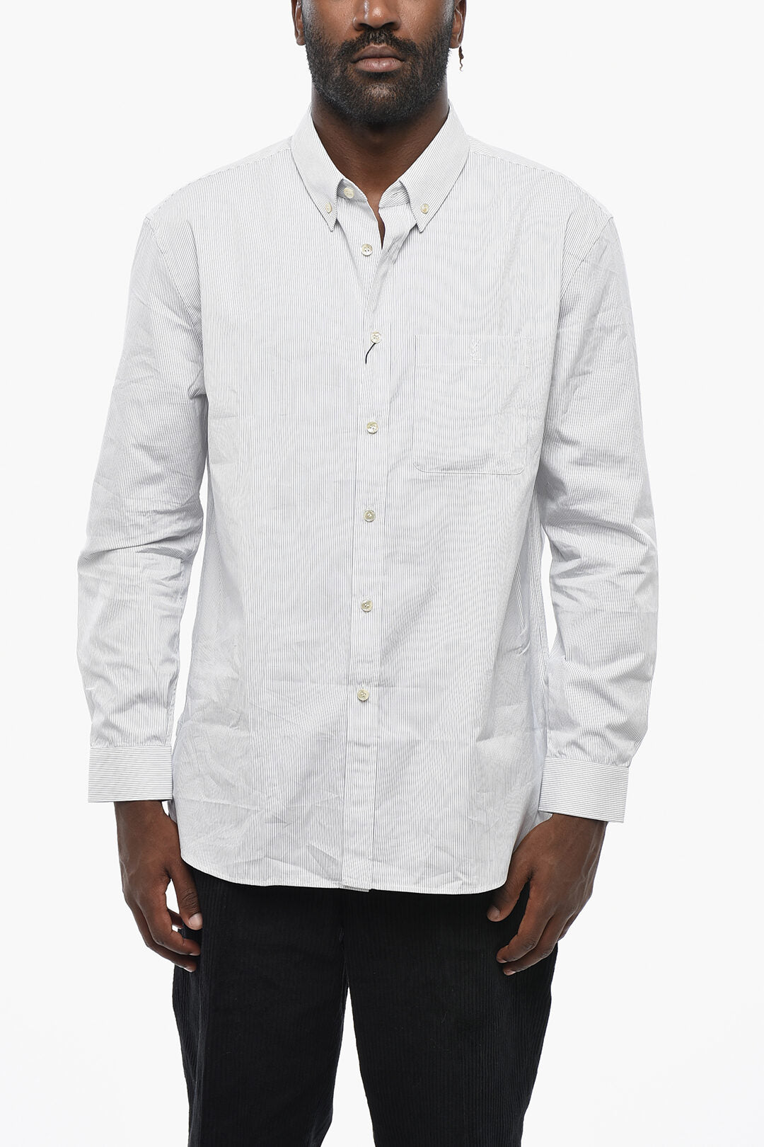 Saint Laurent 0405~Striped Shirt With Button-Down Collar And Chest Pocket