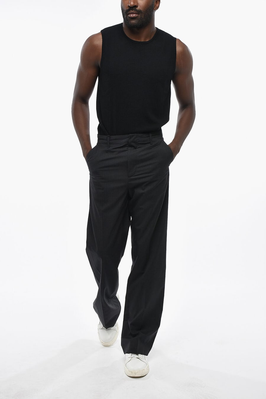 Bottega Veneta 1500~Solid Wool Trousers with Belt Loops, view 4