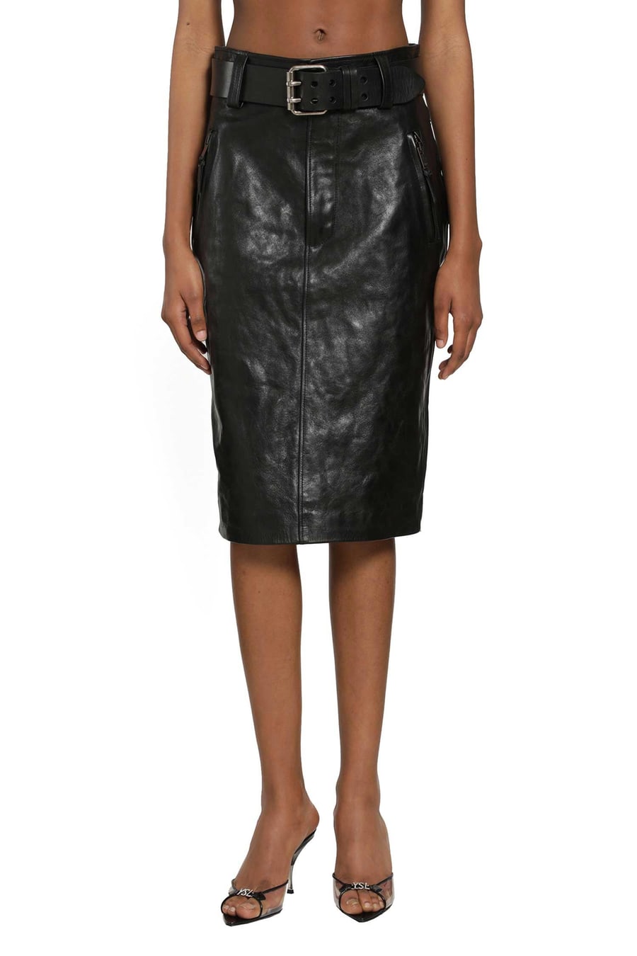Saint Laurent Belted Pencil Skirt in Creased Leather, view 2