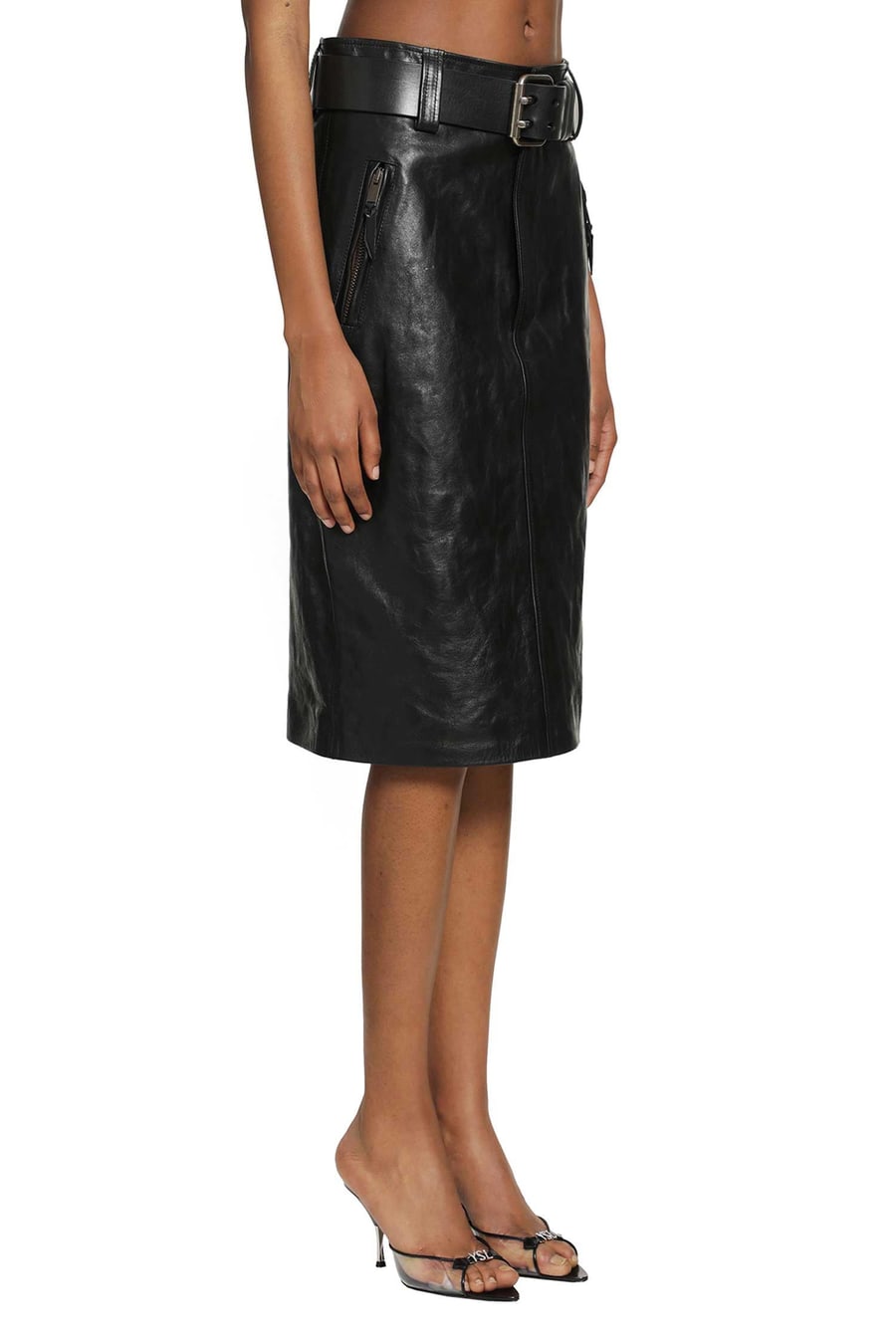Saint Laurent Belted Pencil Skirt in Creased Leather, view 3