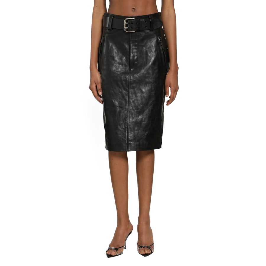 Saint Laurent Belted Pencil Skirt in Creased Leather, view 8