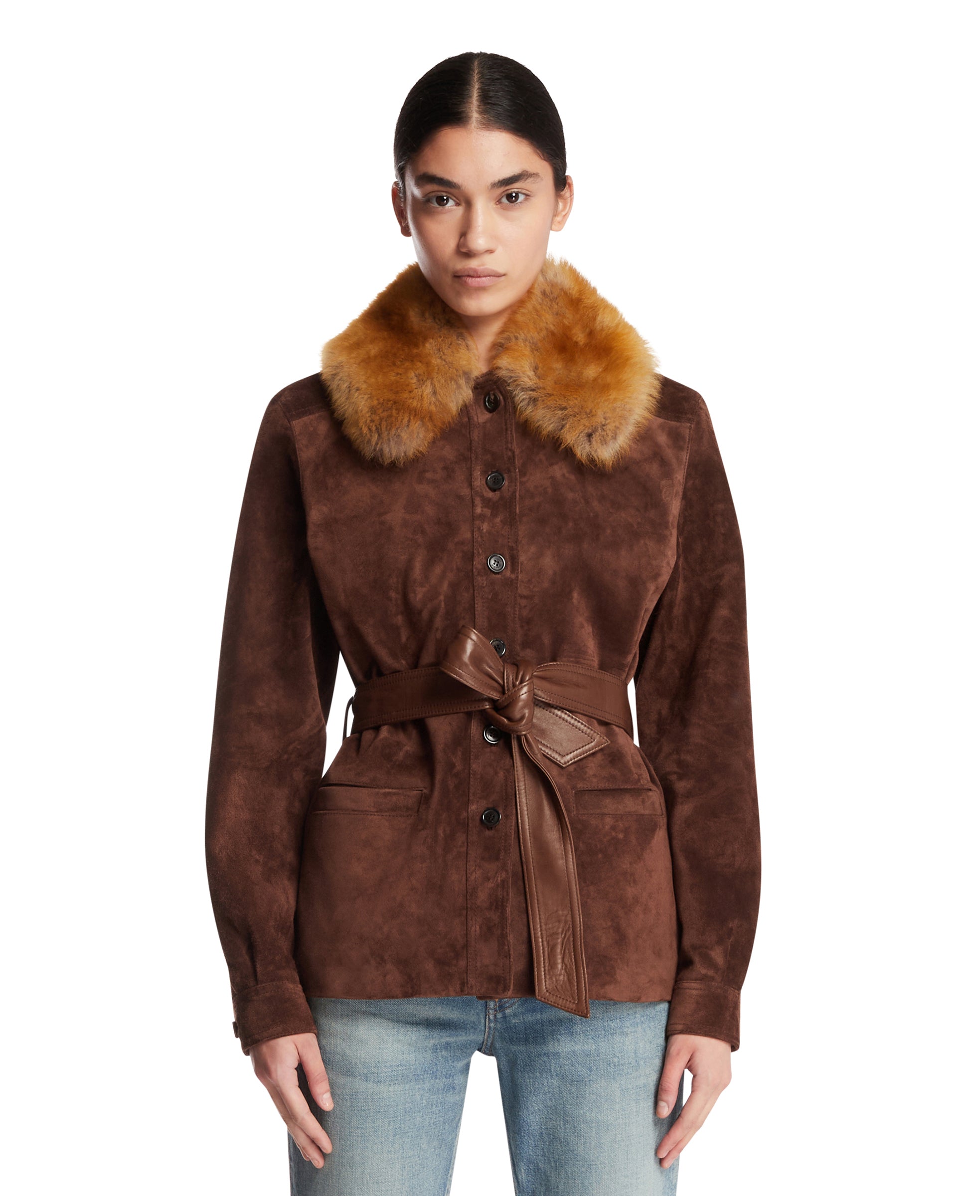 Saint Laurent Giacca In Suede Marrone