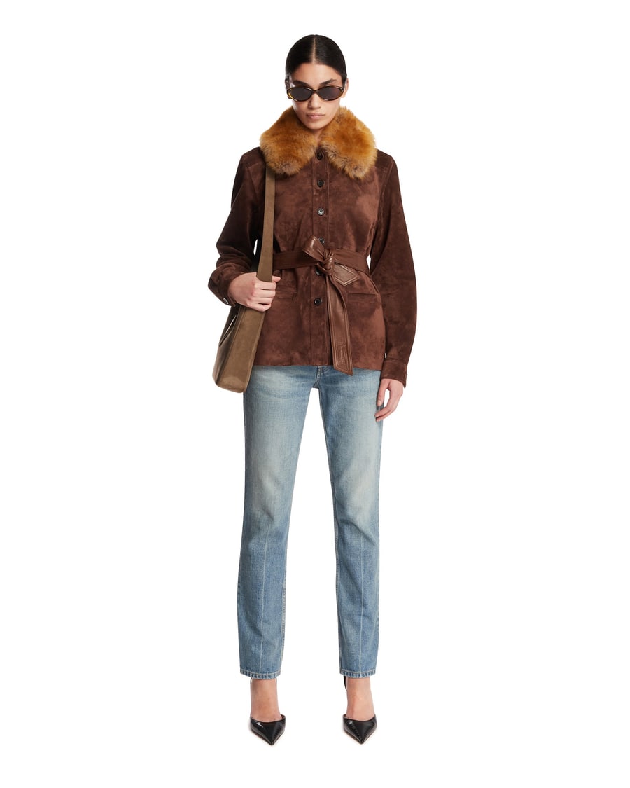 Saint Laurent Giacca In Suede Marrone, view 3