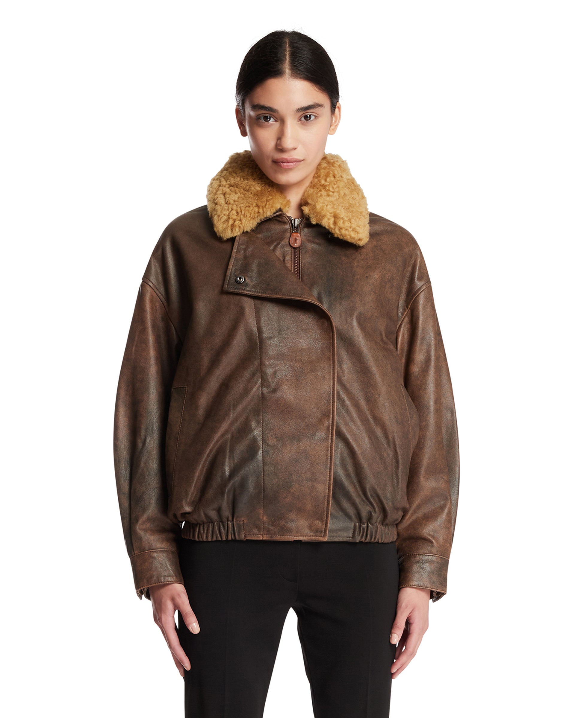 R13 Giacca Shearling In Pelle Marrone