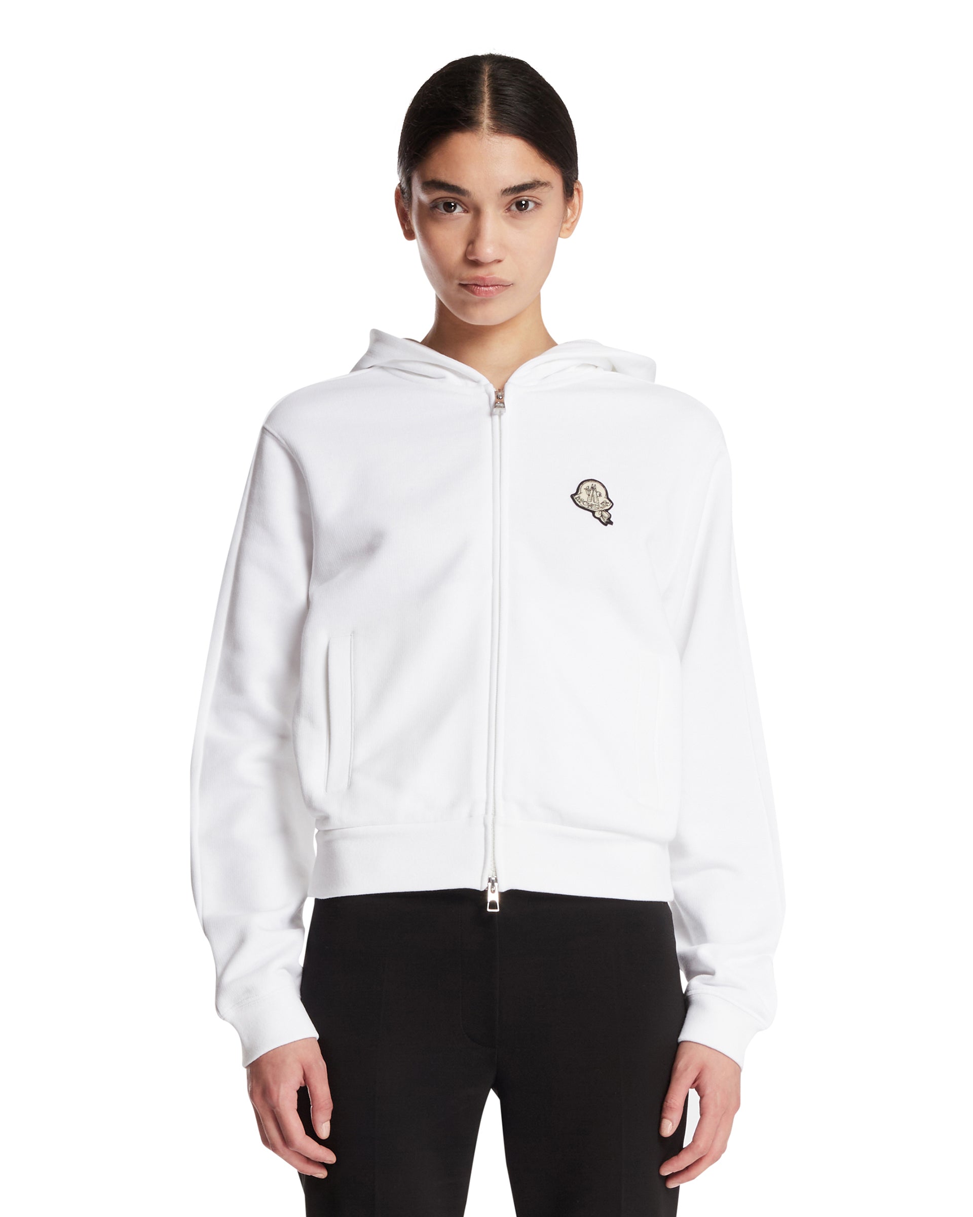Moncler Felpa In Cotone Con Patch Bianca