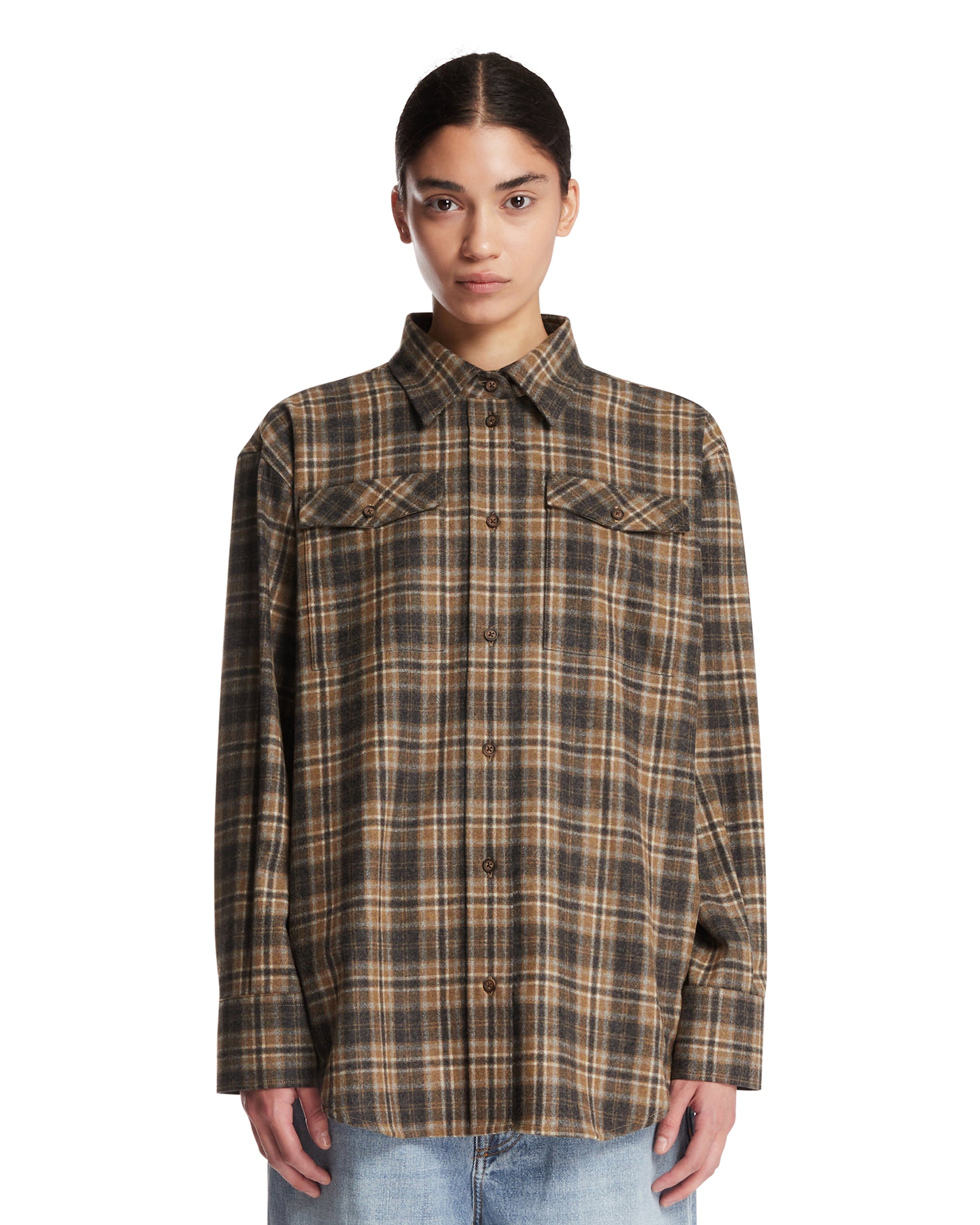 ROHE Camicia In Misto Lana A Quadri Marrone