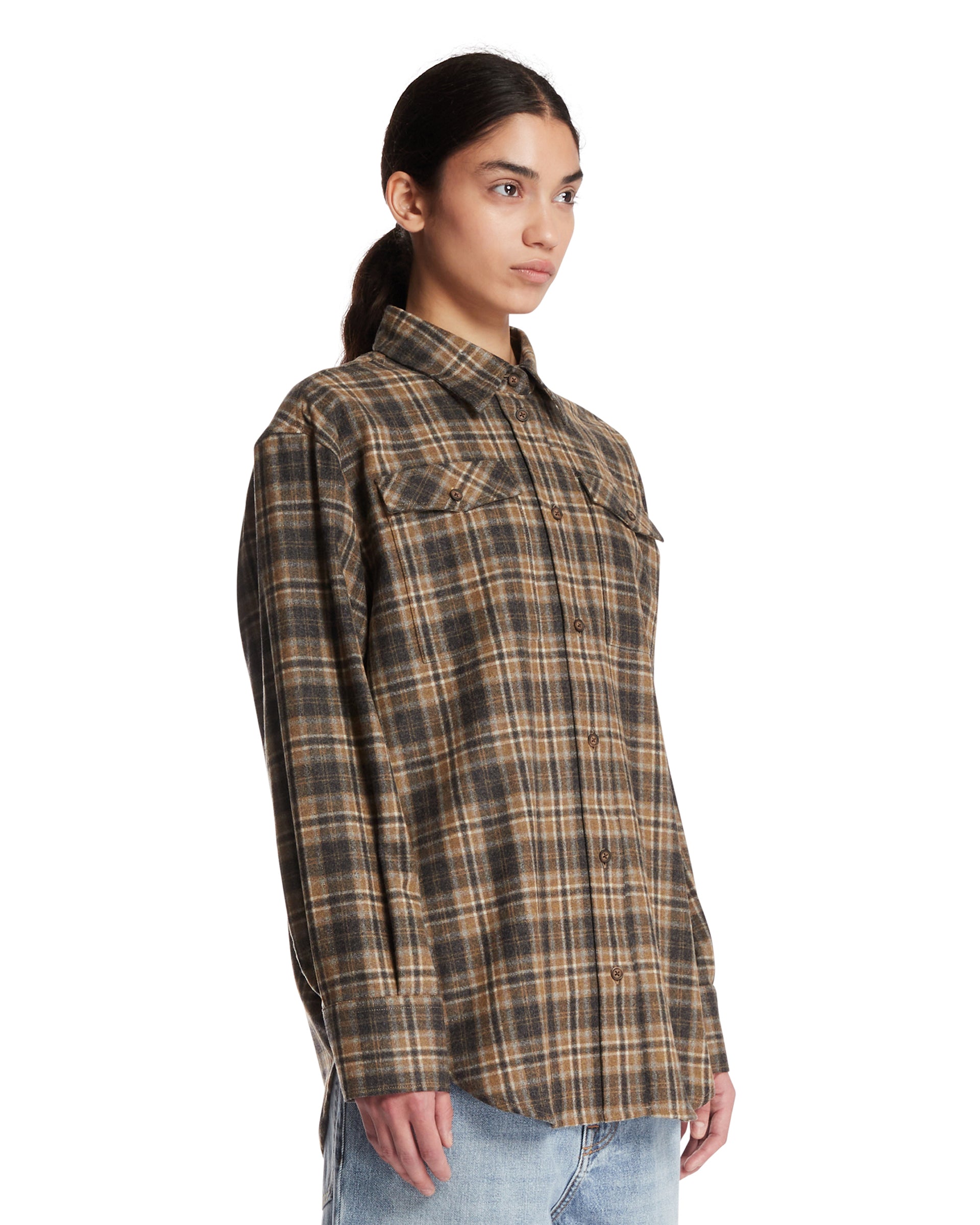 ROHE Camicia In Misto Lana A Quadri Marrone, view 2