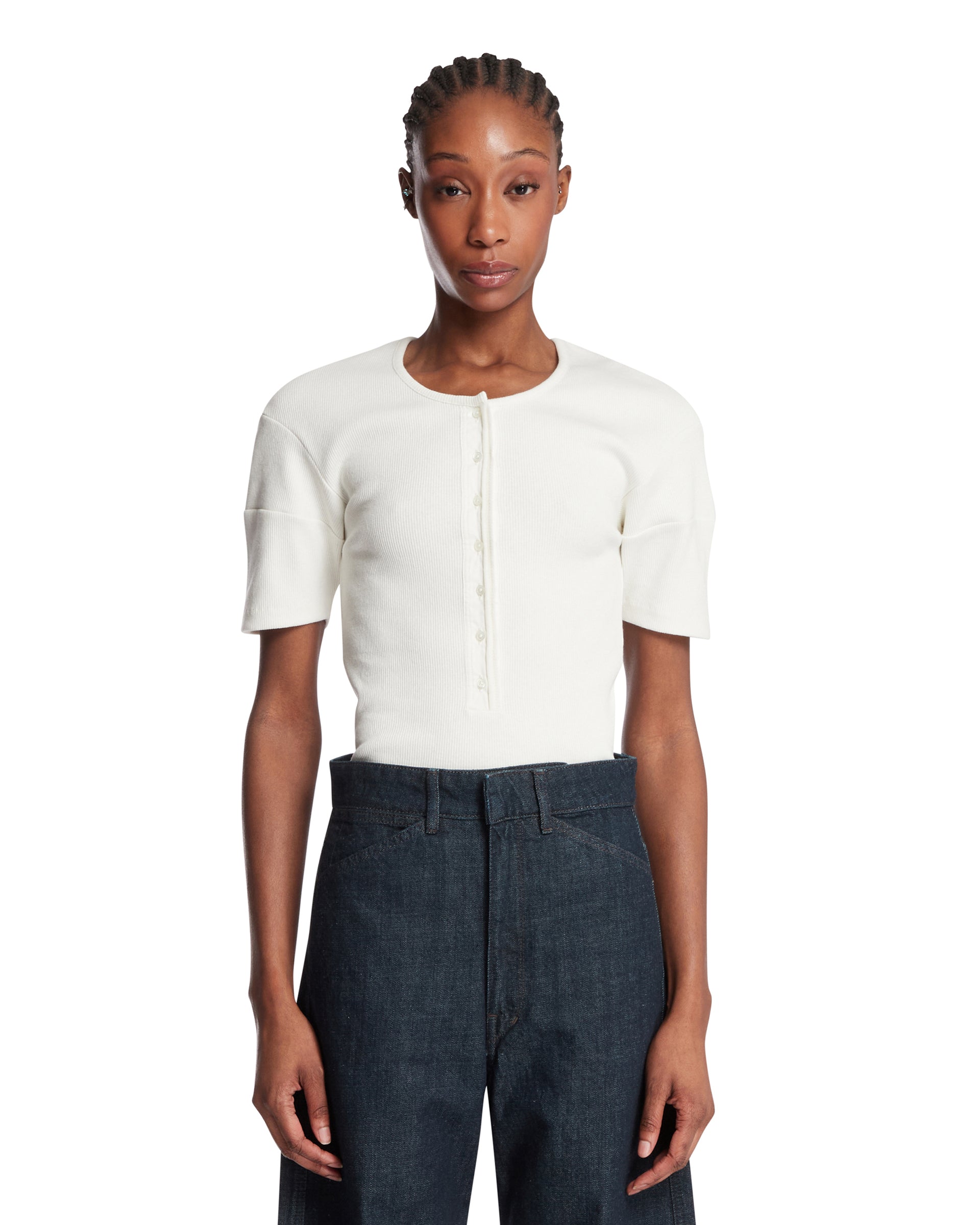Lemaire T-Shirt Henley In Cotone Bianca