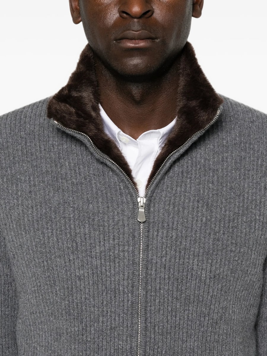 Barba Barba Fur-trim Ribbed-knit Jacket, view 4