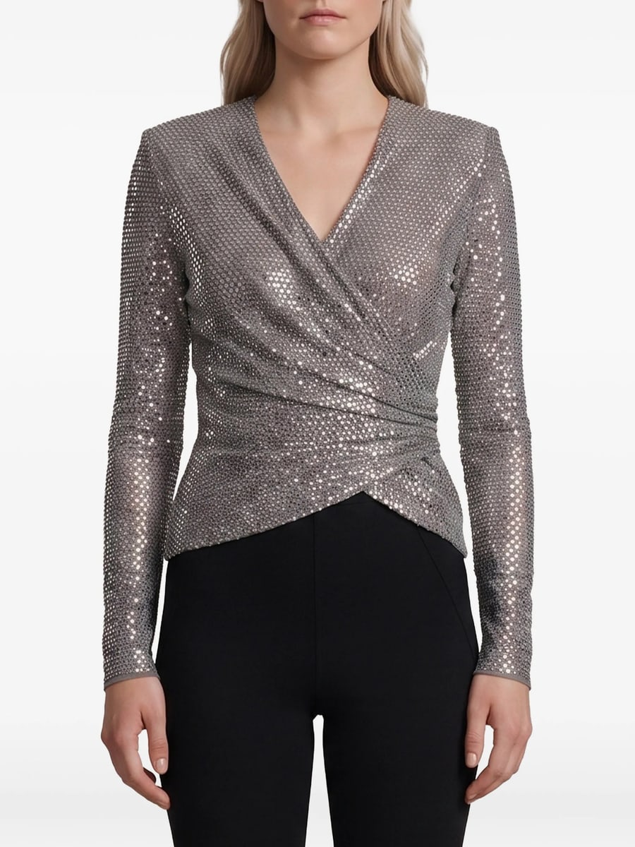 self-portrait Self-portrait Grey Rhinestone Mesh Wrap Top