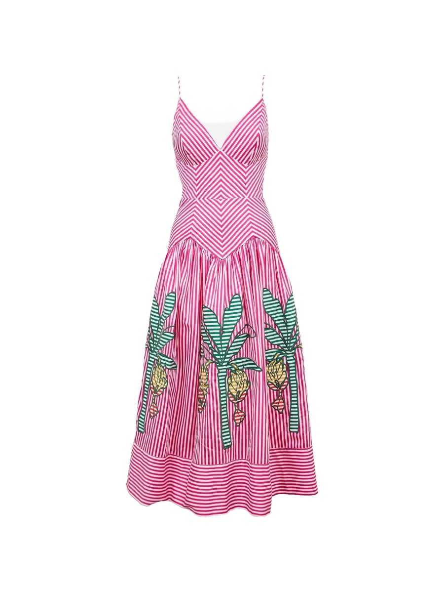 Farm Rio Farm Rio Palm Tree-embroidered Striped Midi Dress