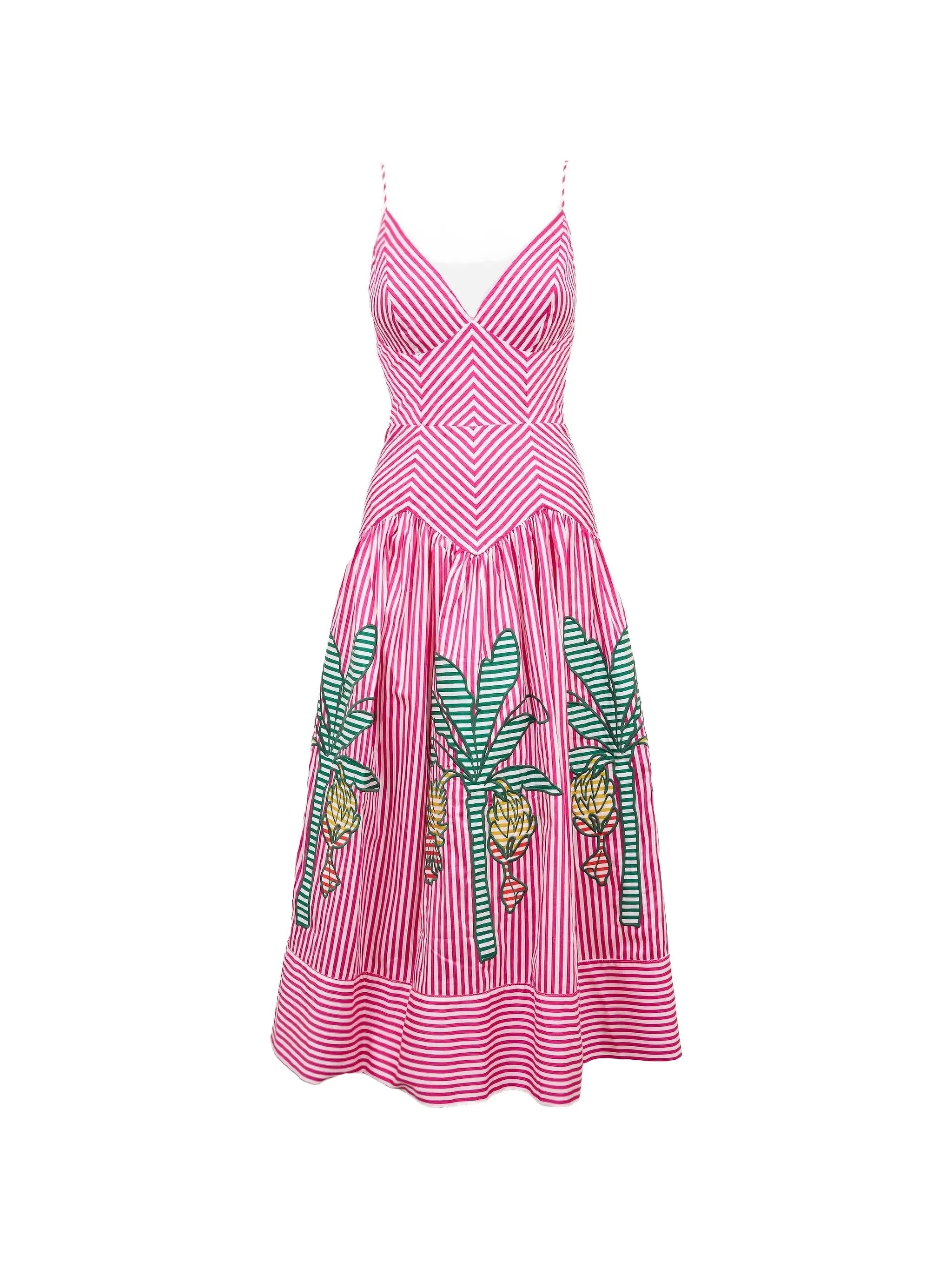 Farm Rio Farm Rio Palm Tree-embroidered Striped Midi Dress