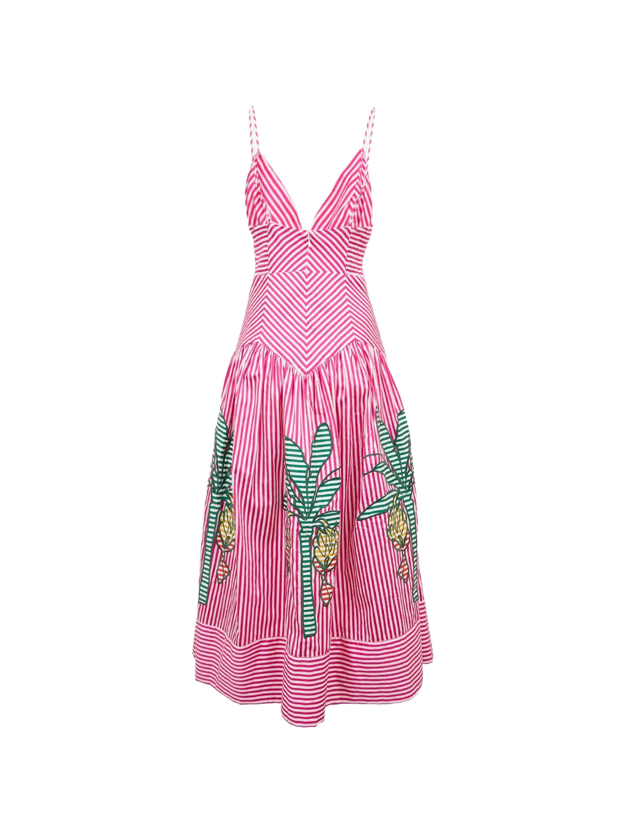Farm Rio Farm Rio Palm Tree-embroidered Striped Midi Dress, view 2